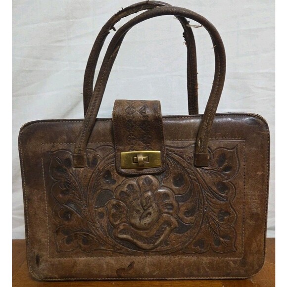 Mexican Tooled Leather Purse Handbag Hand Tooled Embossed Original 1950's VTG - Picture 1 of 8